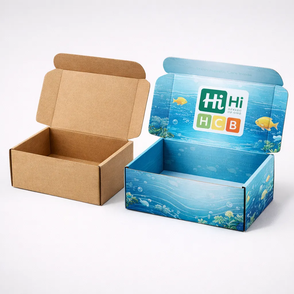Two open tuck-top mailer boxes, one kraft brown and one with a detailed blue sea life illustration. class=